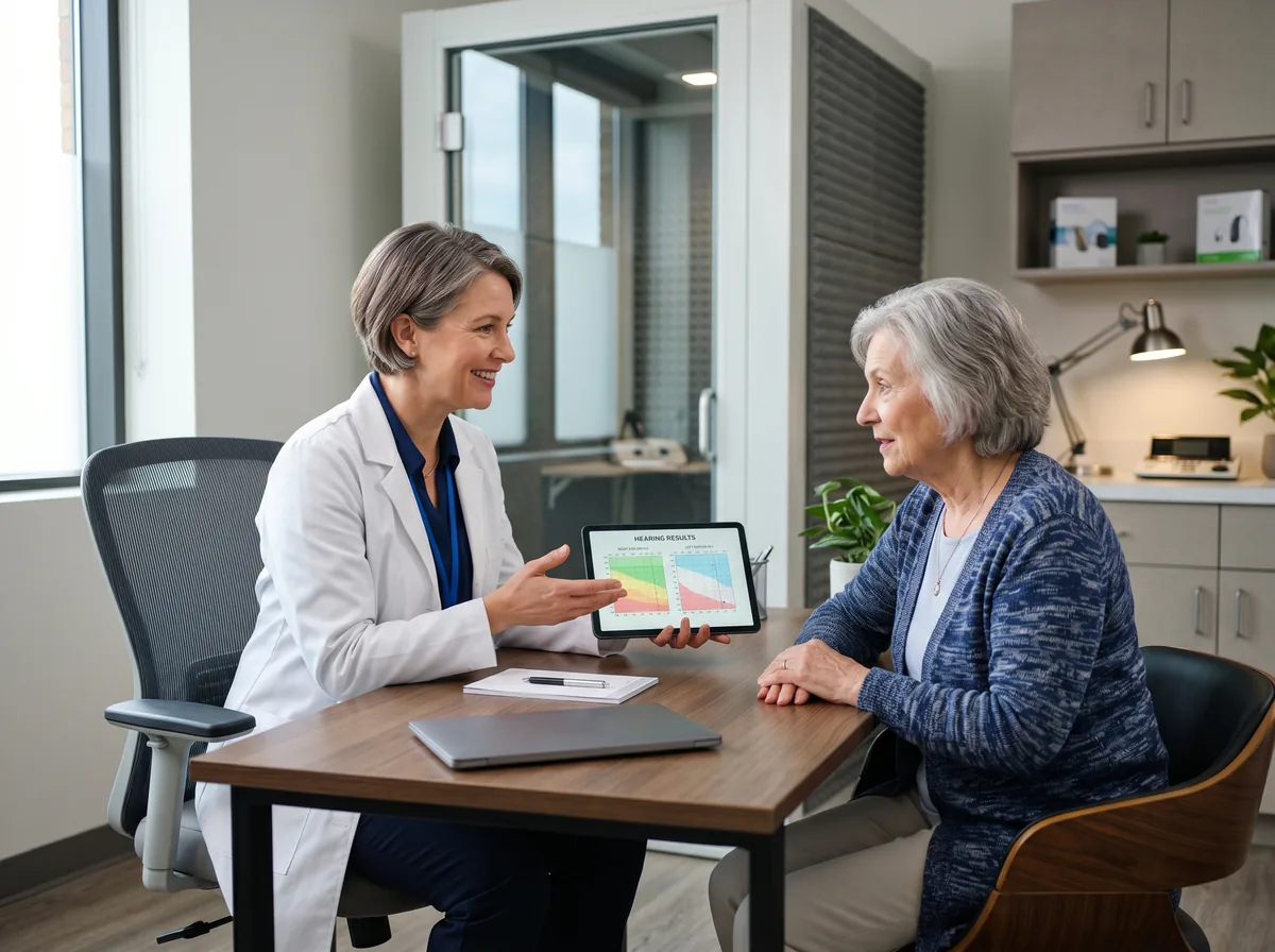 Audiologist explaining tinnitus treatment options in Vaughan Ontario clinic
