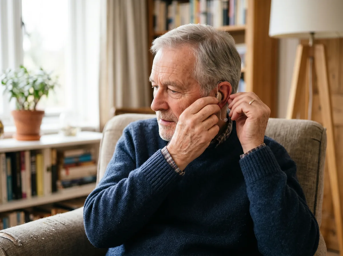Person putting on hearing aids for first time Vaughan audiology clinic
